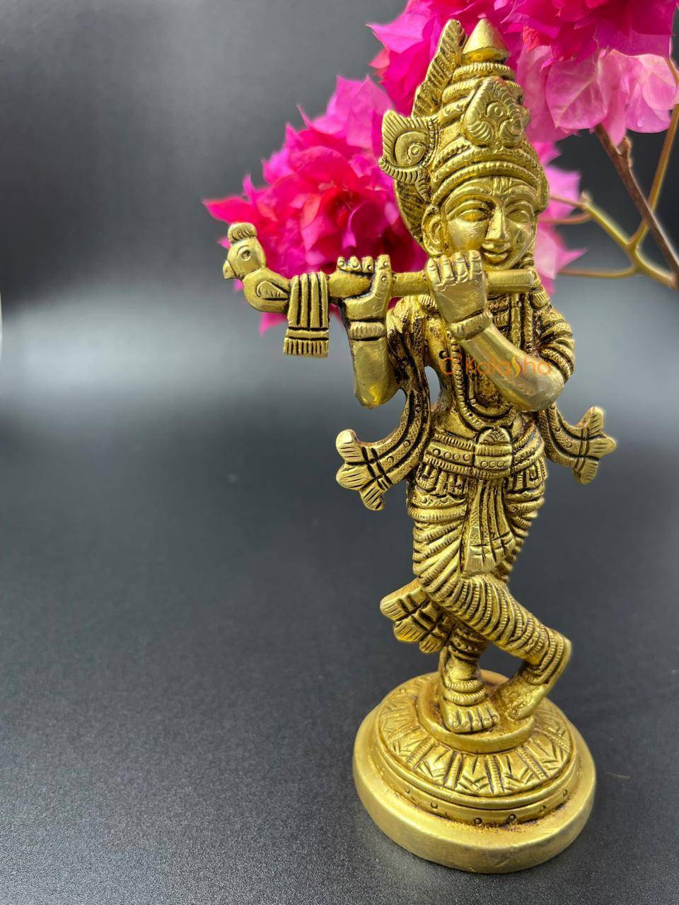 Divine Brass Mural-Style Krishna with Flute – 17 cm